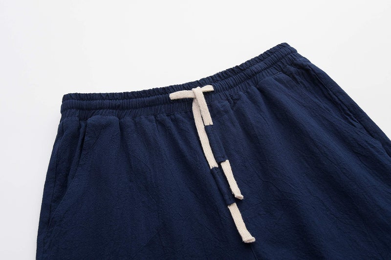 SIR7 Men's Linen Casual Classic Fit 11 Inch Inseam Elastic Waist Shorts with Drawstring Navy Medium - Image 3